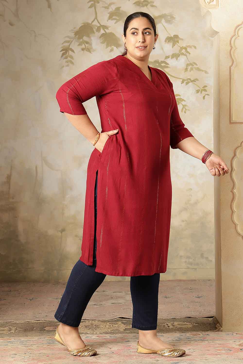 Plus Size Plus Size Maroon Golden Pin Striped V-Neck Kurta