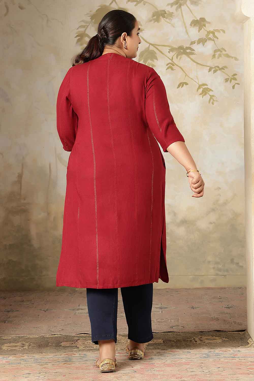 Plus Size Maroon Golden Pin Striped V-Neck Kurta