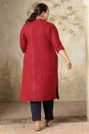 Plus Size Maroon Golden Pin Striped V-Neck Kurta