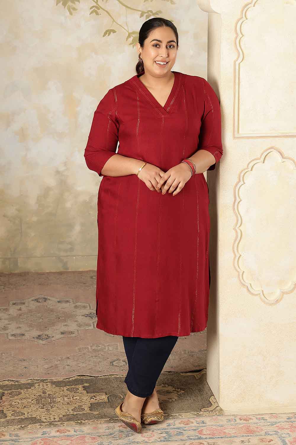 Plus Size Maroon Golden Pin Striped V-Neck Kurta