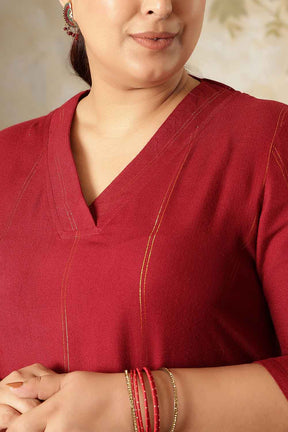 Plus Size Maroon Golden Pin Striped V-Neck Kurta