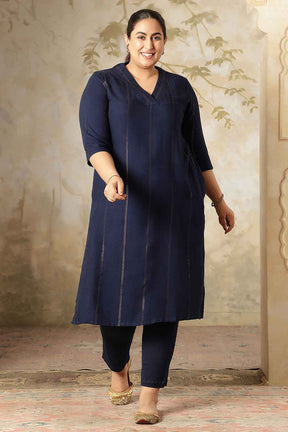 Plus Size Navy Blue Golden Pin Striped V-Neck Kurta