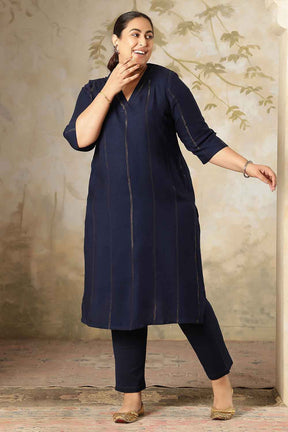 Plus Size Navy Blue Golden Pin Striped V-Neck Kurta