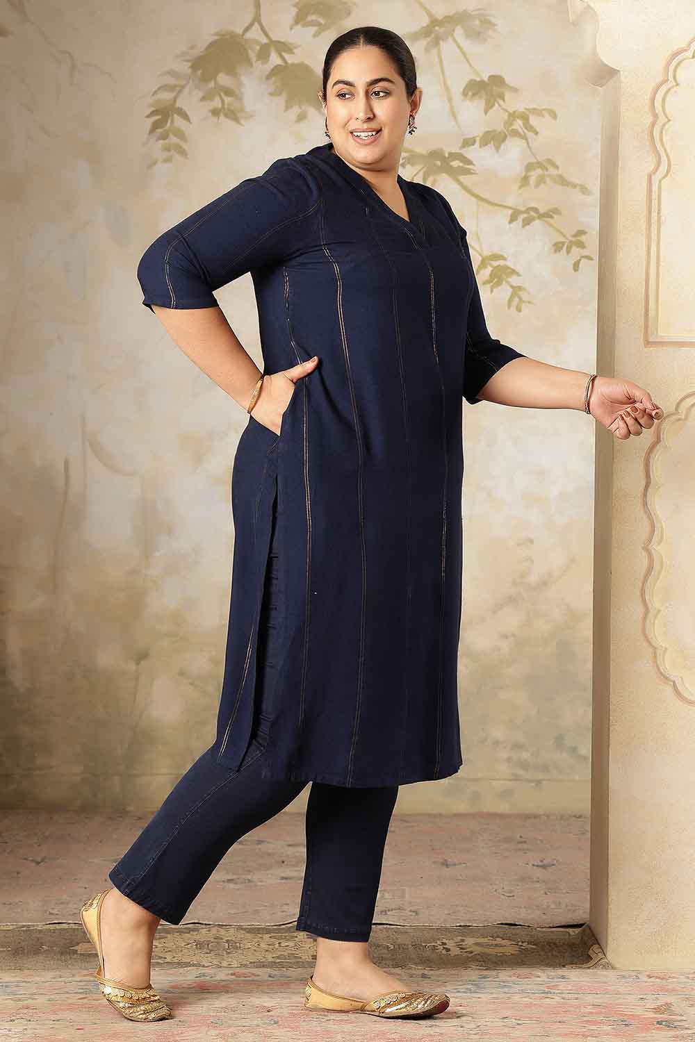 Plus Size Navy Blue Golden Pin Striped V-Neck Kurta for Women