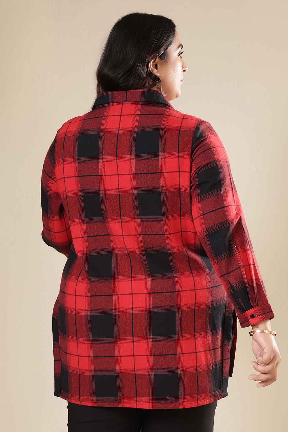 Plus Size Red & Black Check Cotton Flannel Longline Shirt