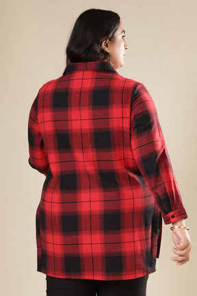 Plus Size Red & Black Check Cotton Flannel Longline Shirt