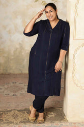 Plus Size Navy Blue Golden Pin Striped V-Neck Kurta