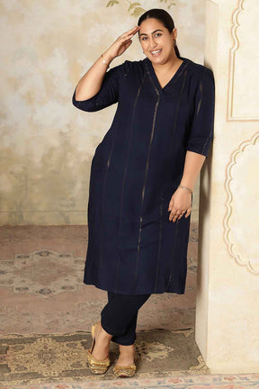 Plus Size Navy Blue Golden Pin Striped V-Neck Kurta