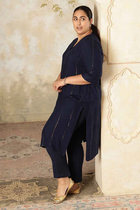 Plus Size Navy Blue Golden Pin Striped V-Neck Kurta