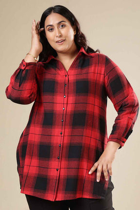 Plus Size Red & Black Check Cotton Flannel Longline Shirt