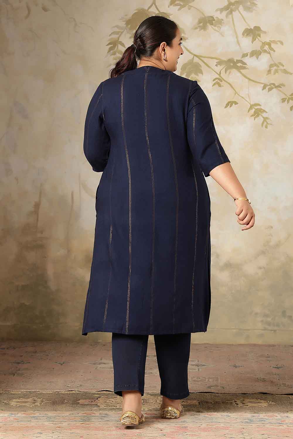 Plus Size Navy Blue Golden Pin Striped V-Neck Kurta