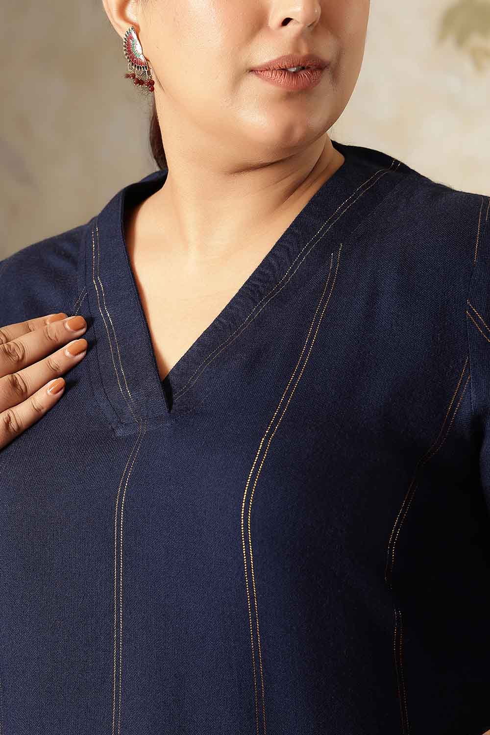 Plus Size Navy Blue Golden Pin Striped V-Neck Kurta
