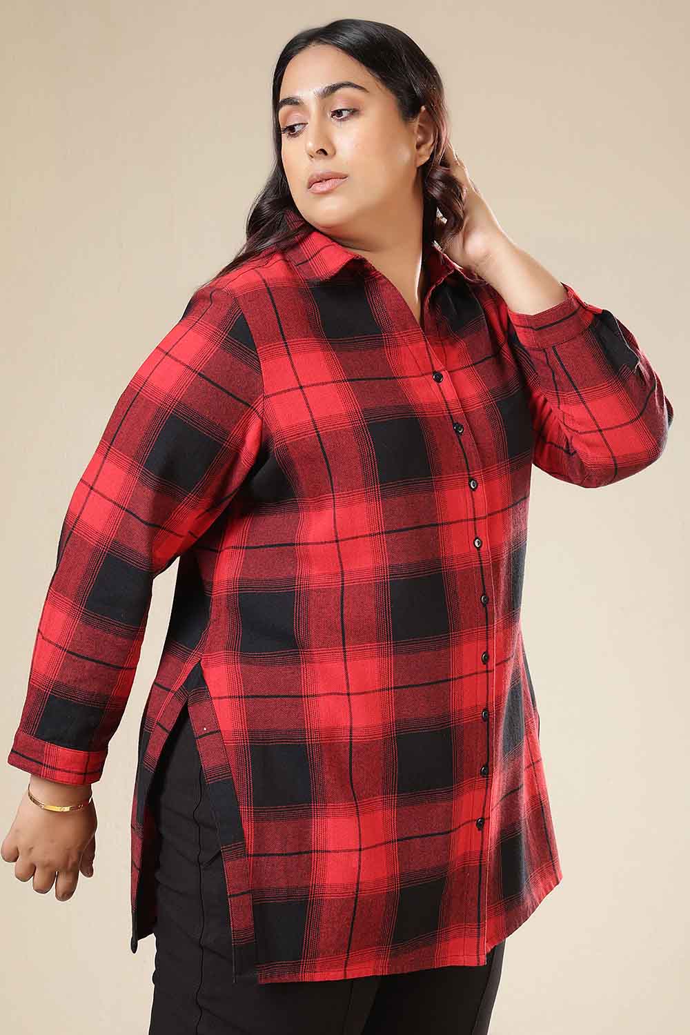 Plus Size Red & Black Check Cotton Flannel Longline Shirt for Women