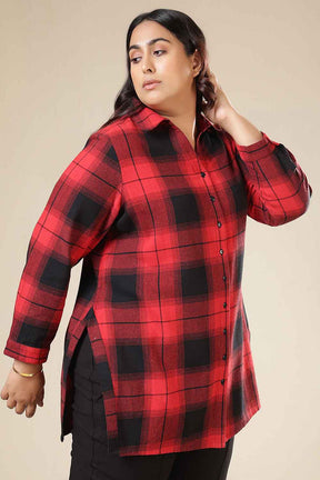 Plus Size Red & Black Check Cotton Flannel Longline Shirt