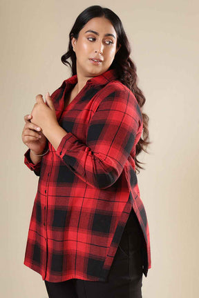 Plus Size Red & Black Check Cotton Flannel Longline Shirt