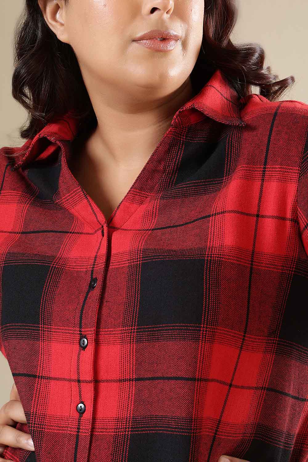 Plus Size Red & Black Check Cotton Flannel Longline Shirt