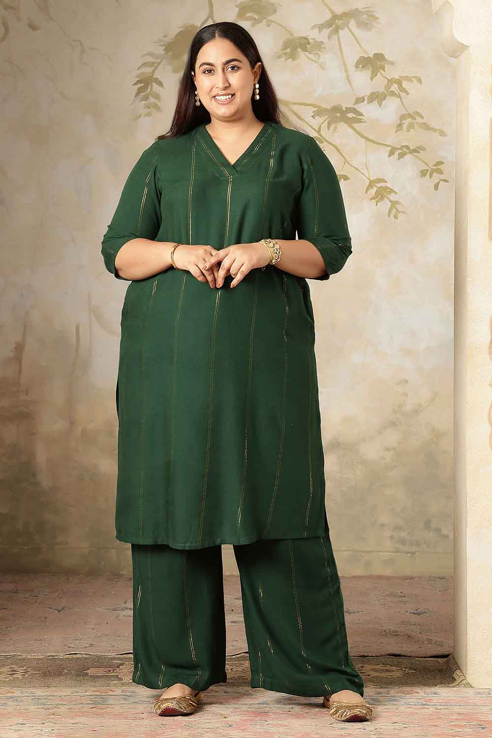 Plus Size Emerald Green Golden Pin Striped Kurta Coord Set