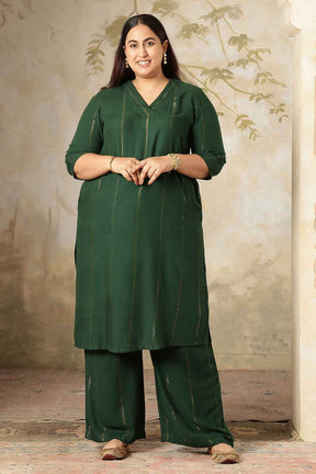 Plus Size Emerald Green Golden Pin Striped Kurta Coord Set