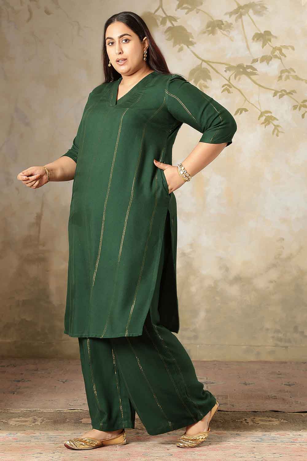 Plus Size Emerald Green Golden Pin Striped Kurta Coord Set for Women