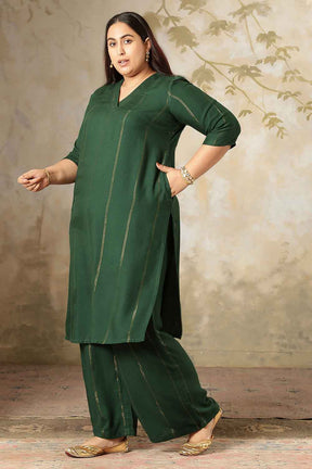 Plus Size Emerald Green Golden Pin Striped Kurta Coord Set