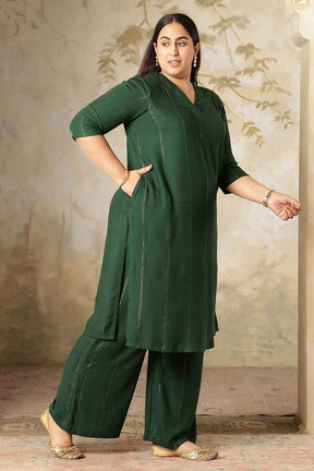 Plus Size Emerald Green Golden Pin Striped Kurta Coord Set