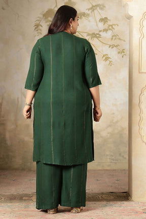Plus Size Emerald Green Golden Pin Striped Kurta Coord Set