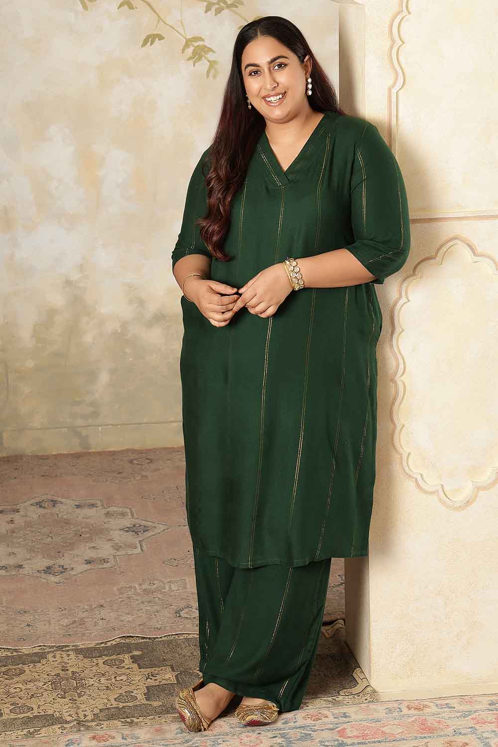 Plus Size Emerald Green Golden Pin Striped Kurta Coord Set