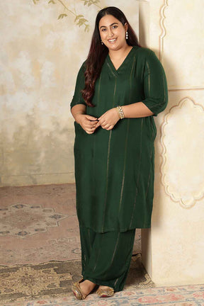 Plus Size Emerald Green Golden Pin Striped Kurta Coord Set