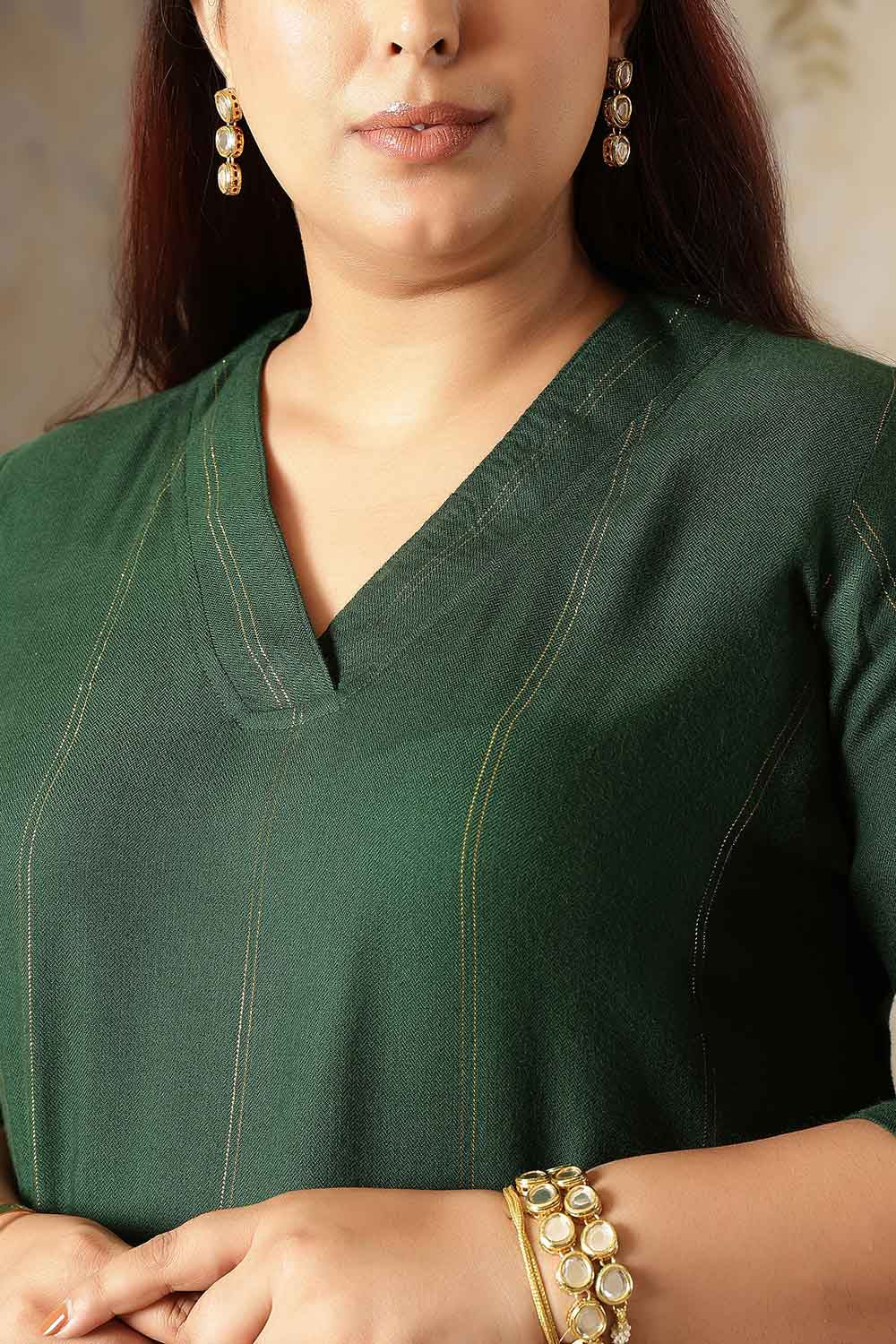Comfortable Plus Size Emerald Green Golden Pin Striped Kurta Coord Set