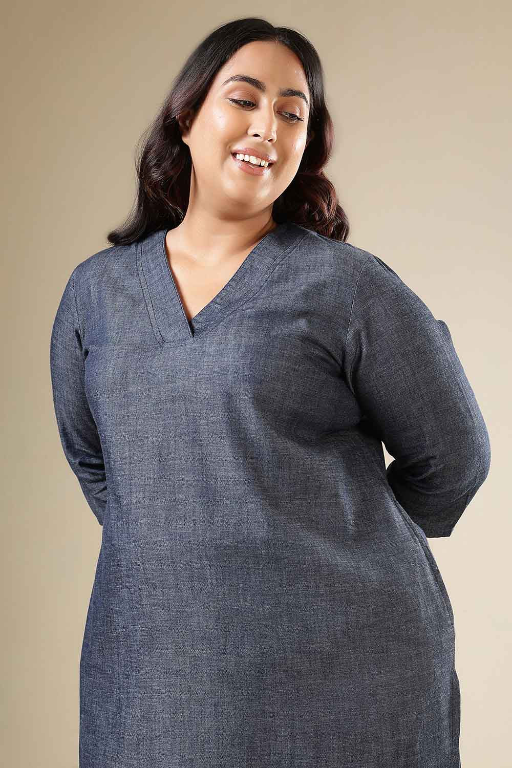 Plus Size Denim Cotton V-Neck Kurta