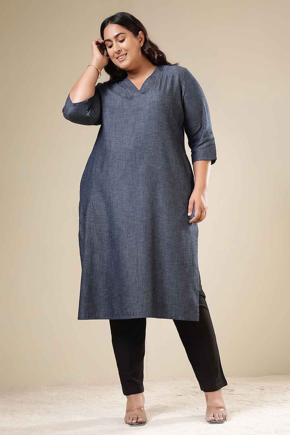 Plus Size Denim Cotton V-Neck Kurta