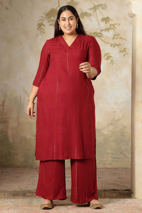 Plus Size Maroon Golden Pin Striped Kurta Coord Set
