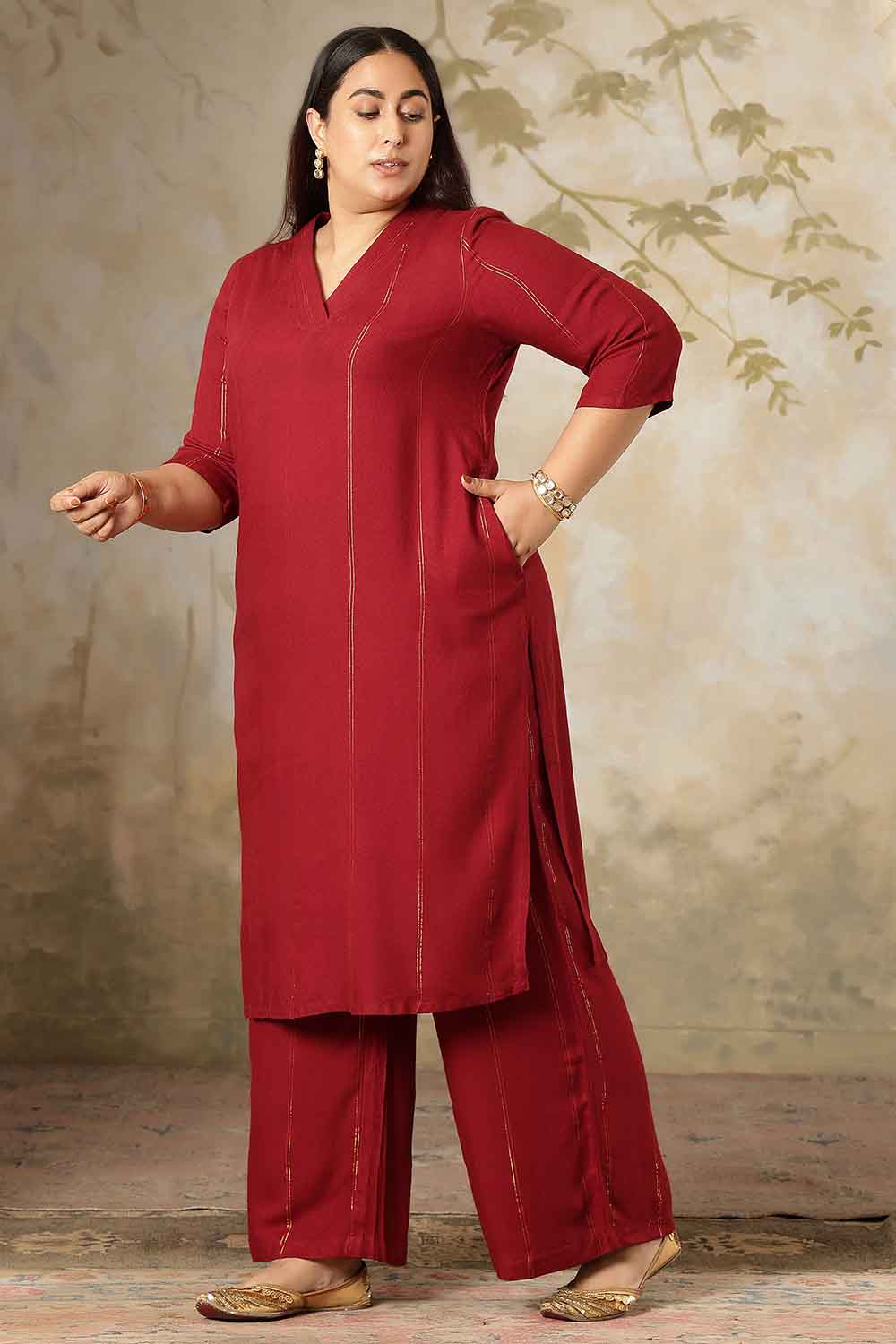 Plus Size Plus Size Maroon Golden Pin Striped Kurta Coord Set