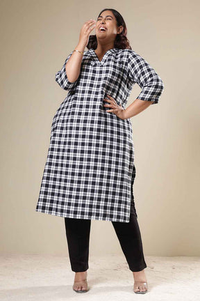 Plus Size Black & White Check Cotton Flannel V Neck Kurta