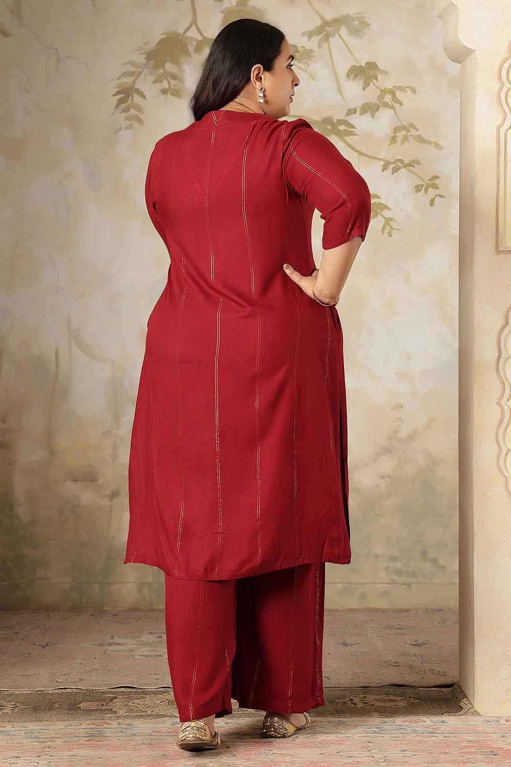 Plus Size Maroon Golden Pin Striped Kurta Coord Set