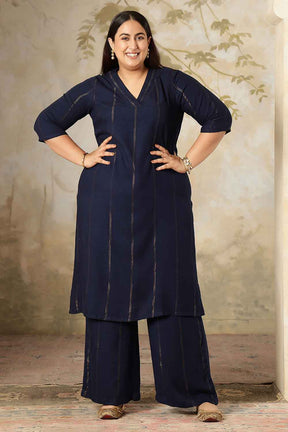 Plus Size Navy Blue Golden Pin Striped Kurta Coord Set