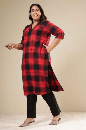 Plus Size Red & Black Check Cotton Flannel V Neck Kurta