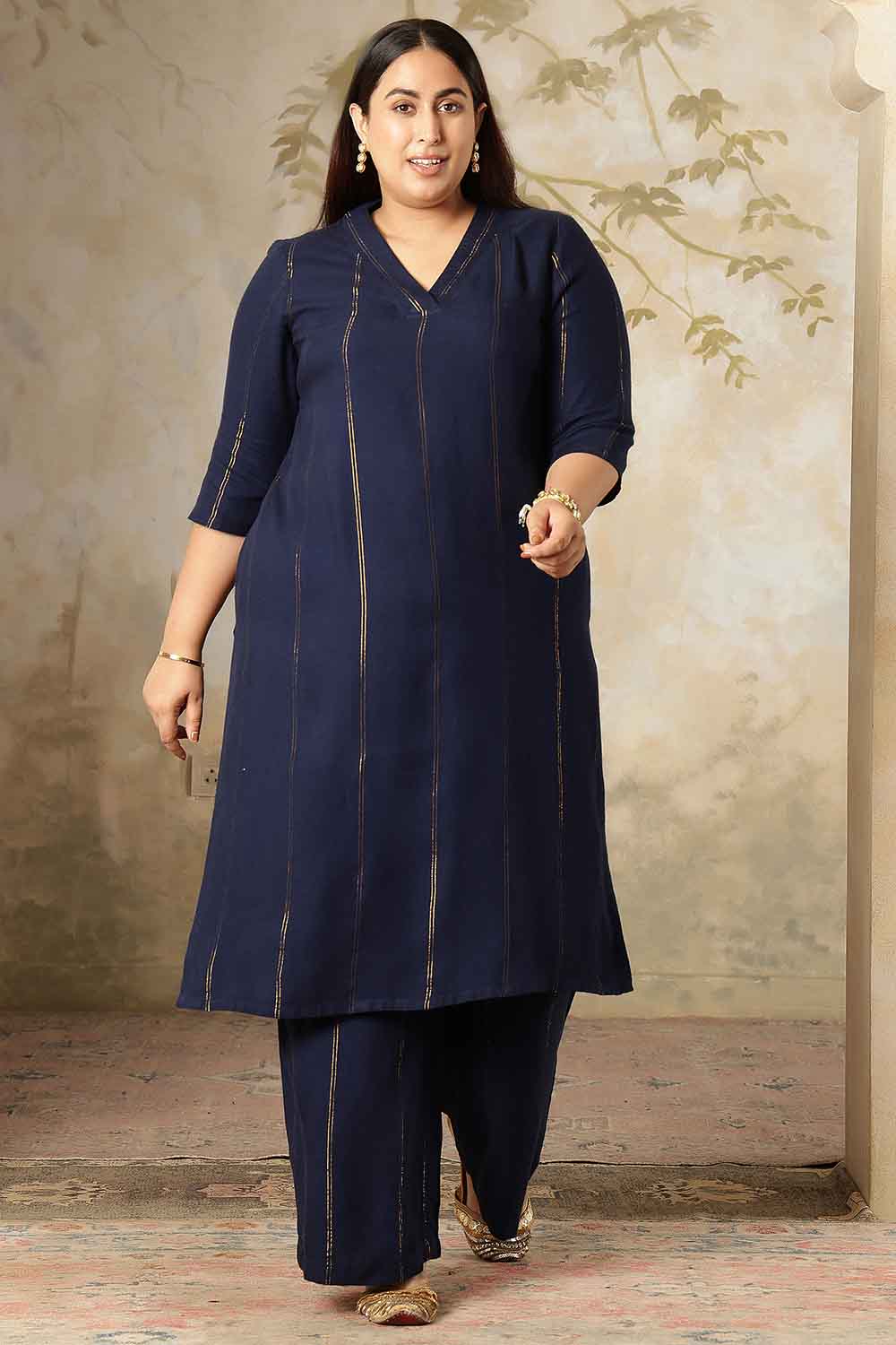 Plus Size Navy Blue Golden Pin Striped Kurta Coord Set