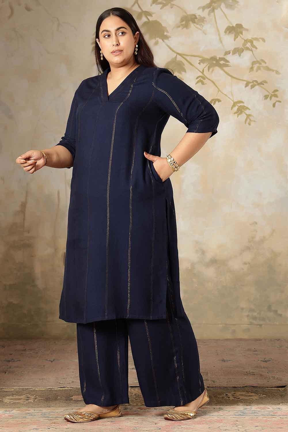 Plus Size Navy Blue Golden Pin Striped Kurta Coord Set for Women