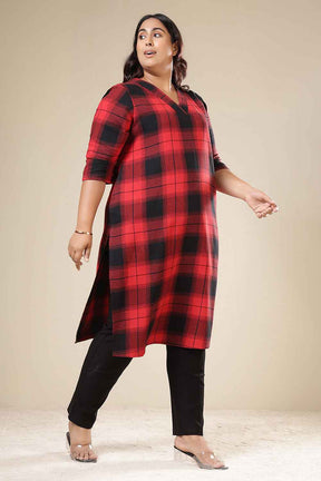Plus Size Red & Black Check Cotton Flannel V Neck Kurta