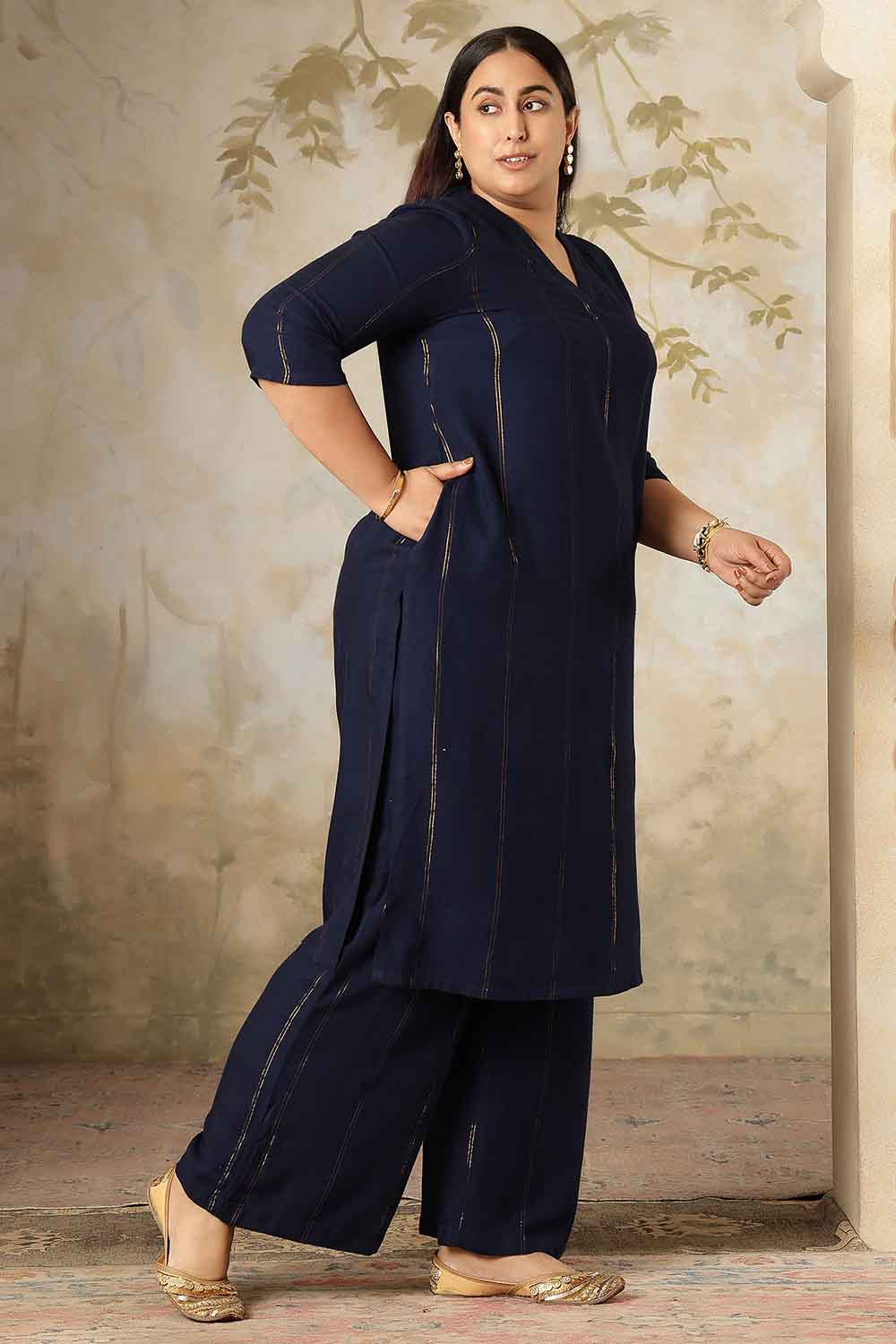 Plus Size Plus Size Navy Blue Golden Pin Striped Kurta Coord Set