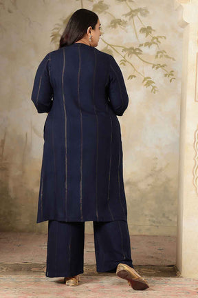 Plus Size Navy Blue Golden Pin Striped Kurta Coord Set