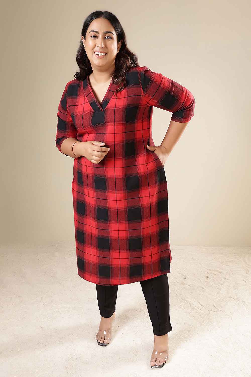 Plus Size Red & Black Check Cotton Flannel V Neck Kurta