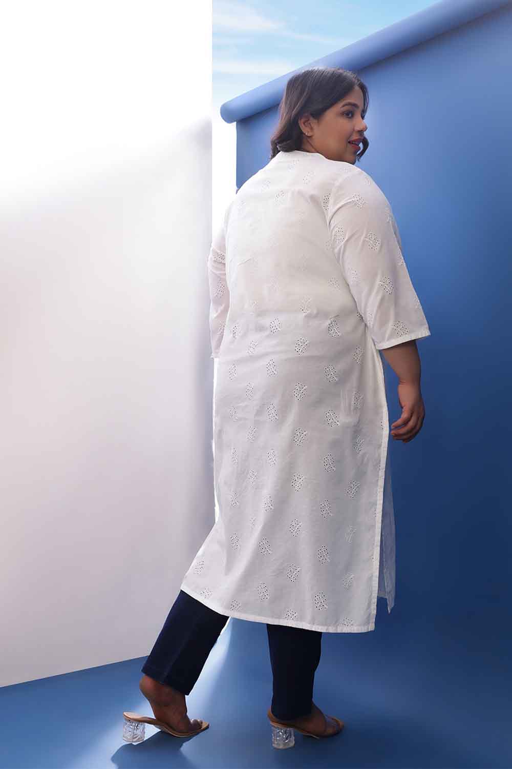 Plus Size White Cotton Schiffli V Neck Kurta