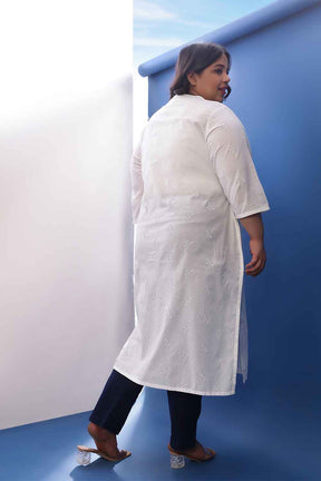 Plus Size White Cotton Schiffli V Neck Kurta
