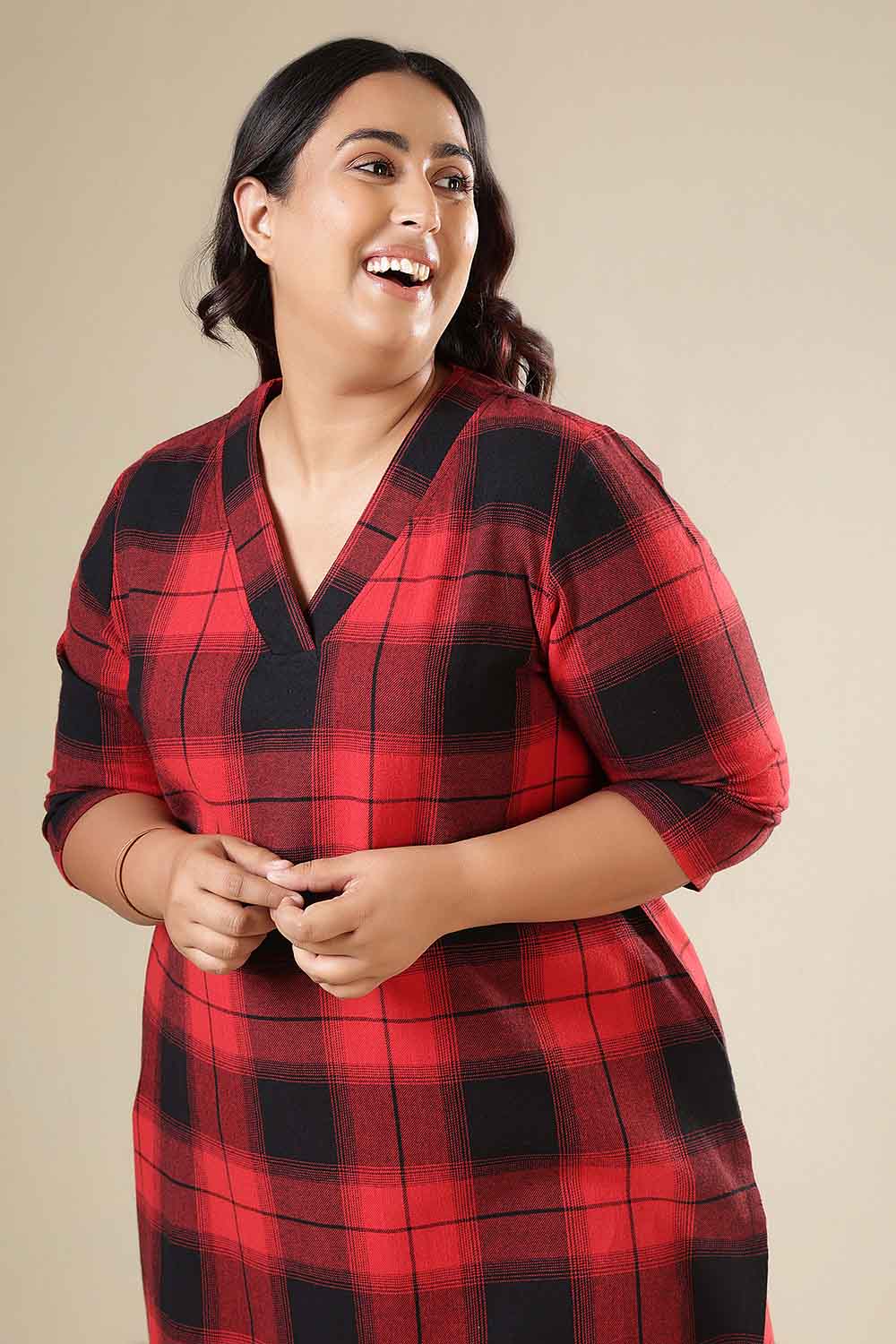 Plus Size Red & Black Check Cotton Flannel V Neck Kurta