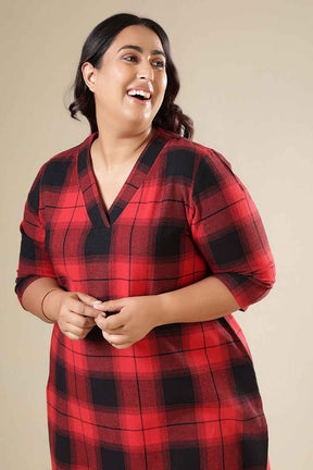 Plus Size Red & Black Check Cotton Flannel V Neck Kurta