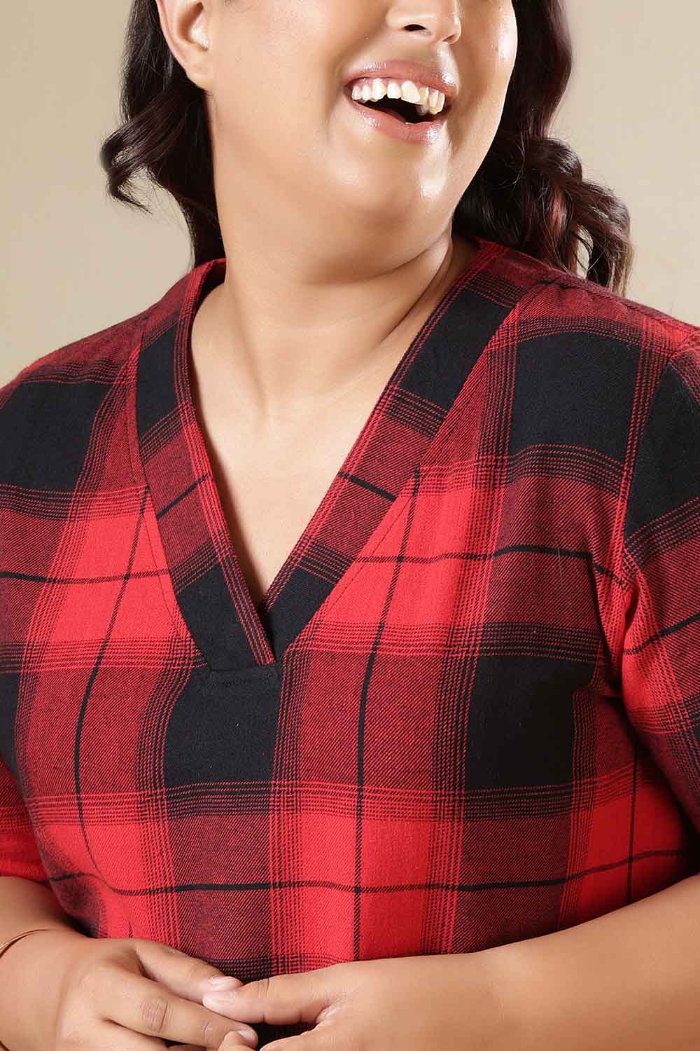 Plus Size Red & Black Check Cotton Flannel V Neck Kurta