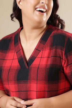 Plus Size Red & Black Check Cotton Flannel V Neck Kurta
