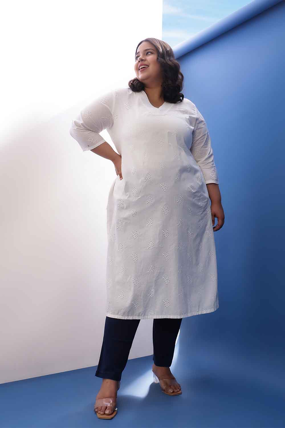 Plus Size Plus Size White Cotton Schiffli V Neck Kurta